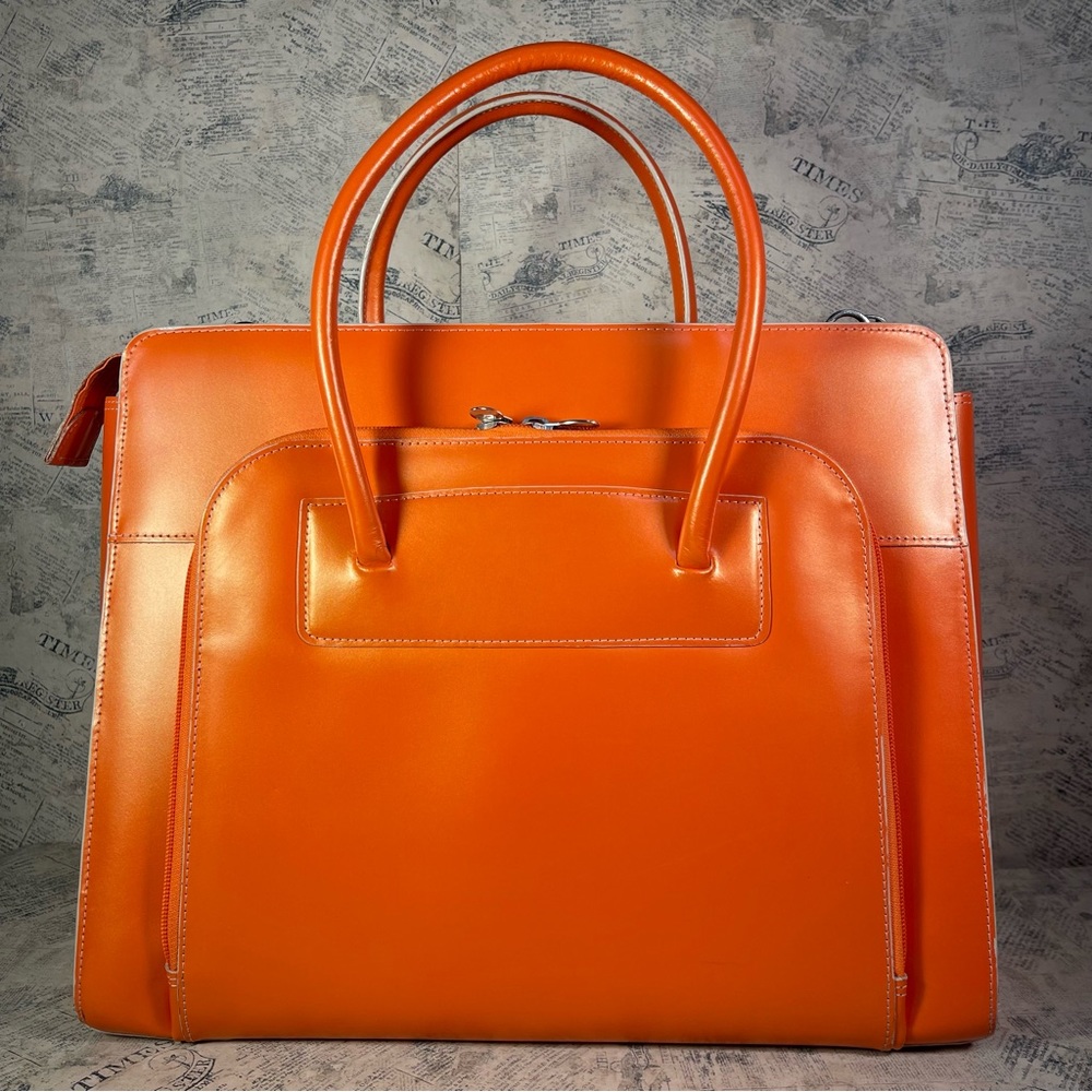Structured Orange Leather Laptop Tote Bag with Double Handles